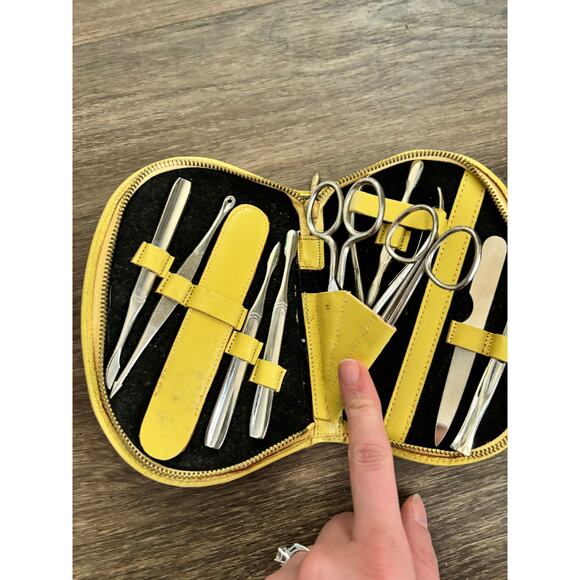 Vintage Manicure Kit Yellow Leather Travel Case Metal Tools - Picture 5 of 9